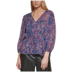 DKNY Floral Print Tie-Waist Blouse Purple V-Neck 3/4 Sleeve Top Size Small NWT